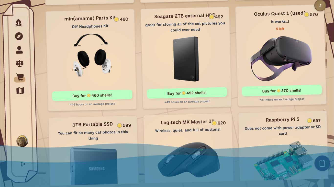 Various items to buy with coins